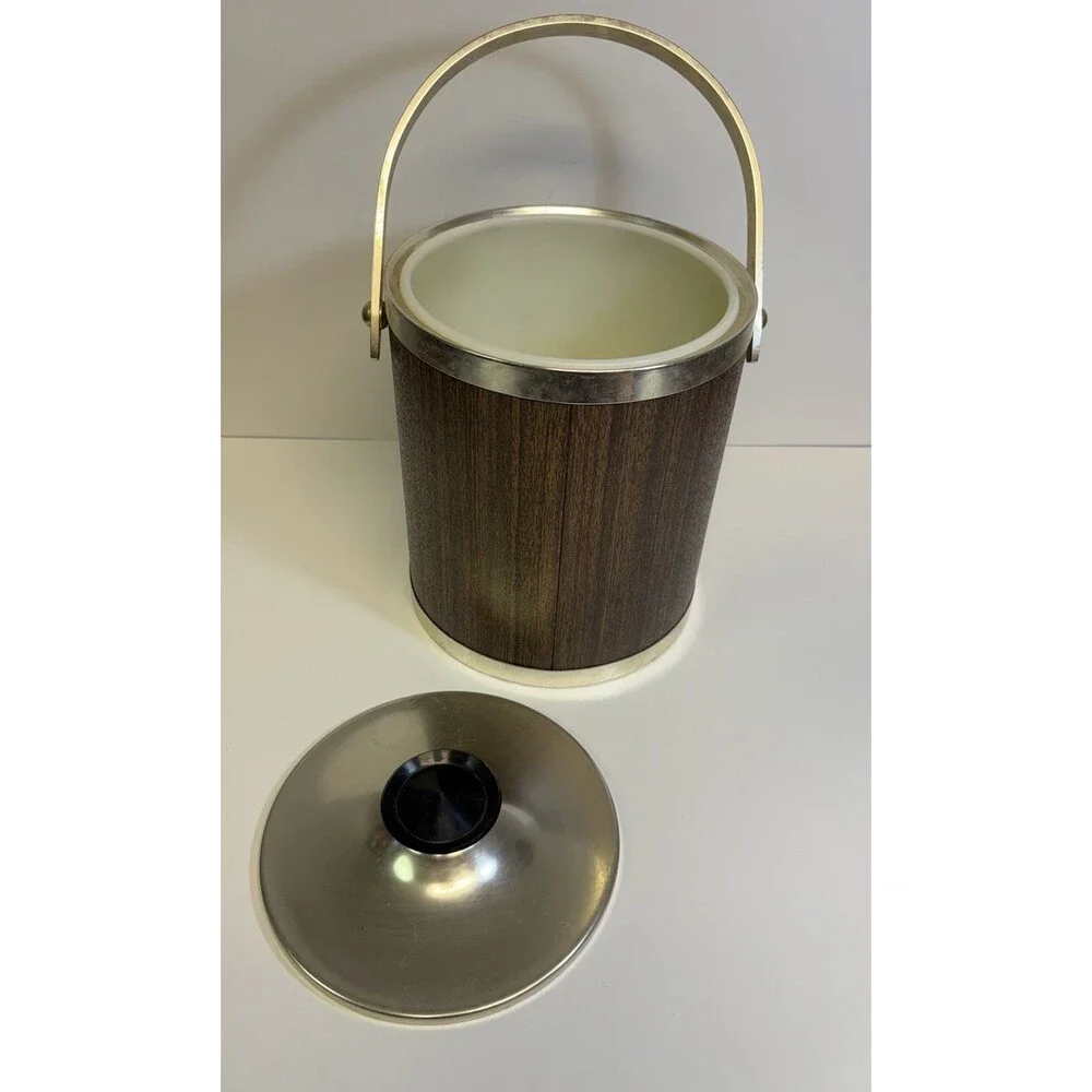 Vintage Kromex Ice Bucket Woodgrain/ Metal Lid & Carry Handle